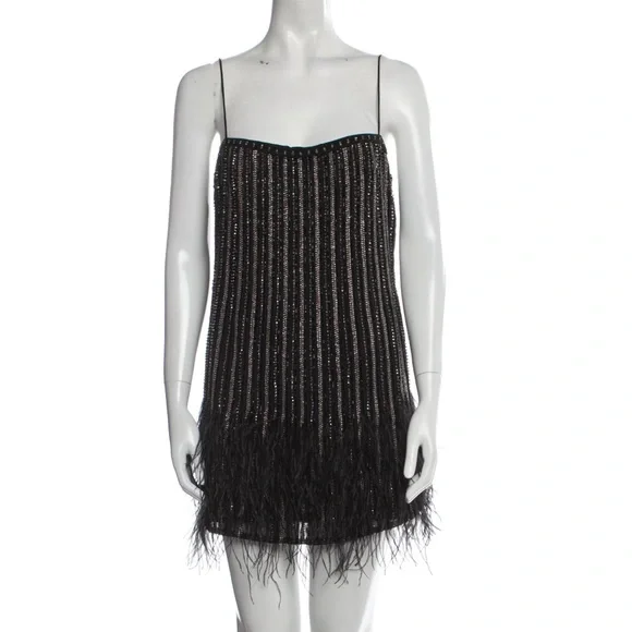 Retrofete Rubina Sequin Feather Mini Dress Black Square Neck - Picture 4 of 6